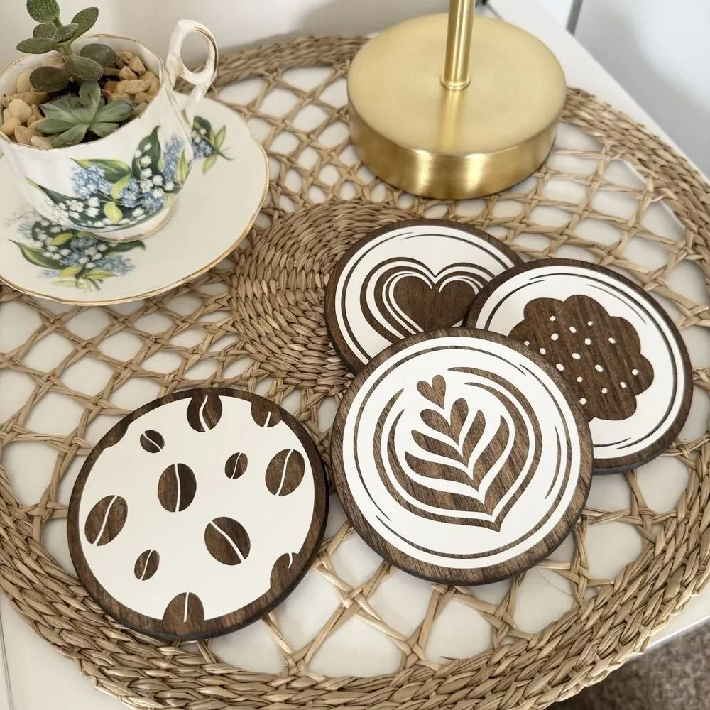 Handmade Wooden Coffee Theme Coasters Set Of 4
